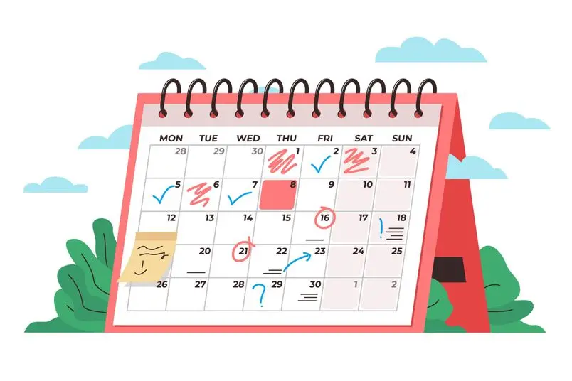 Calendar time management concept Vector conceptual illustration of a big desk calendar showing monthly schedule with notes and check marks Concept of time management monthly schedule timetable | Search Strategy Marketing a cartoon calendar with dates to illustrate the point of when is a good time to start seo