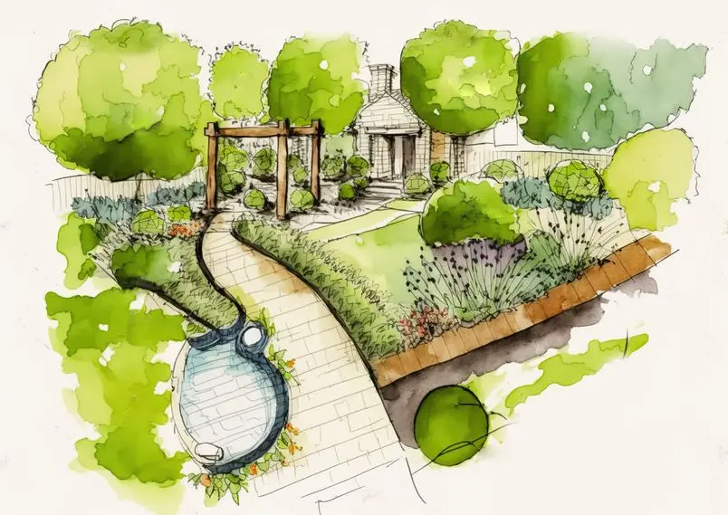 Landscape architect plan design Watercolor hand painted with brushes Colorful splashes in the paper It is wet texture background for creative wallpaper floral card and artwork | Search Strategy Marketing A drawn image that shows a landscaping design plan to reflect an article on marketing for landscapers is