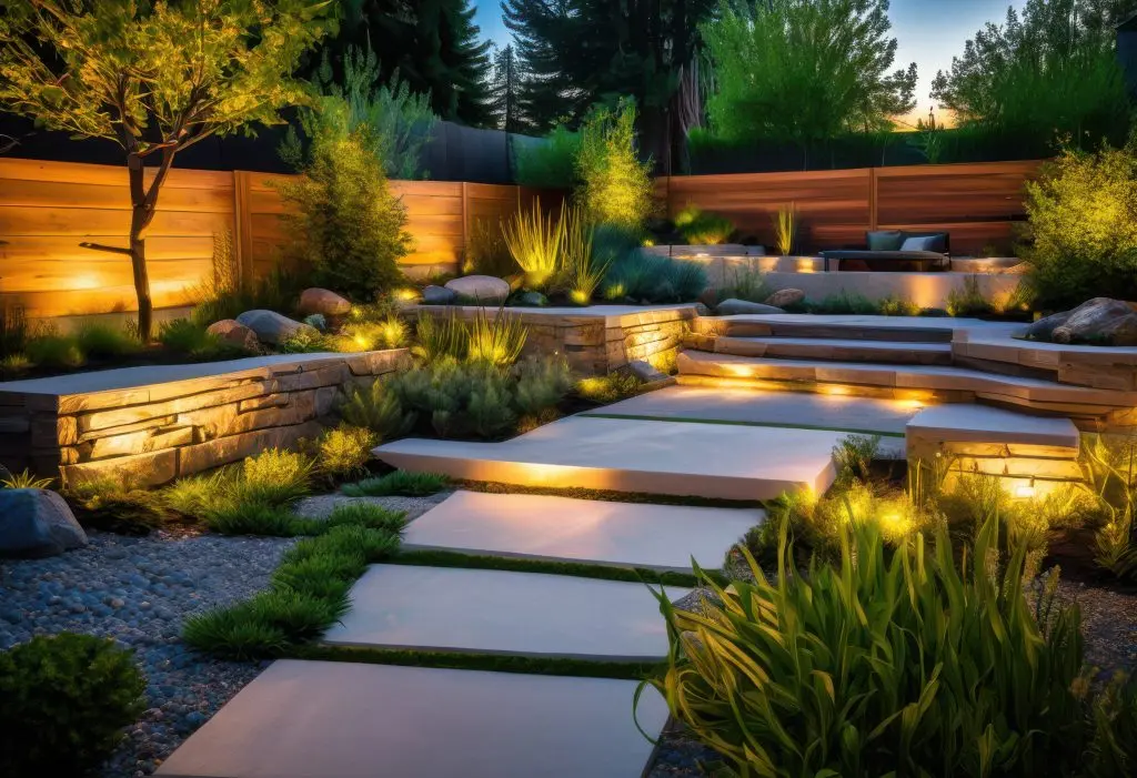 A professionally landscaped backyard at dusk featuring stone pavers, tiered retaining walls, and warm integrated lighting.