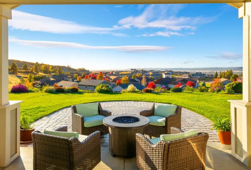 | Search Strategy Marketing Autumn view from a back yard garden of a hillside home overlooking a suburban neighborhood and the cities of Spokane and Liberty Lake Washington USA