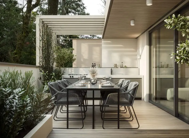 | Search Strategy Marketing Modern home terrace Luxury outdoor table with chairs and built in barbeque