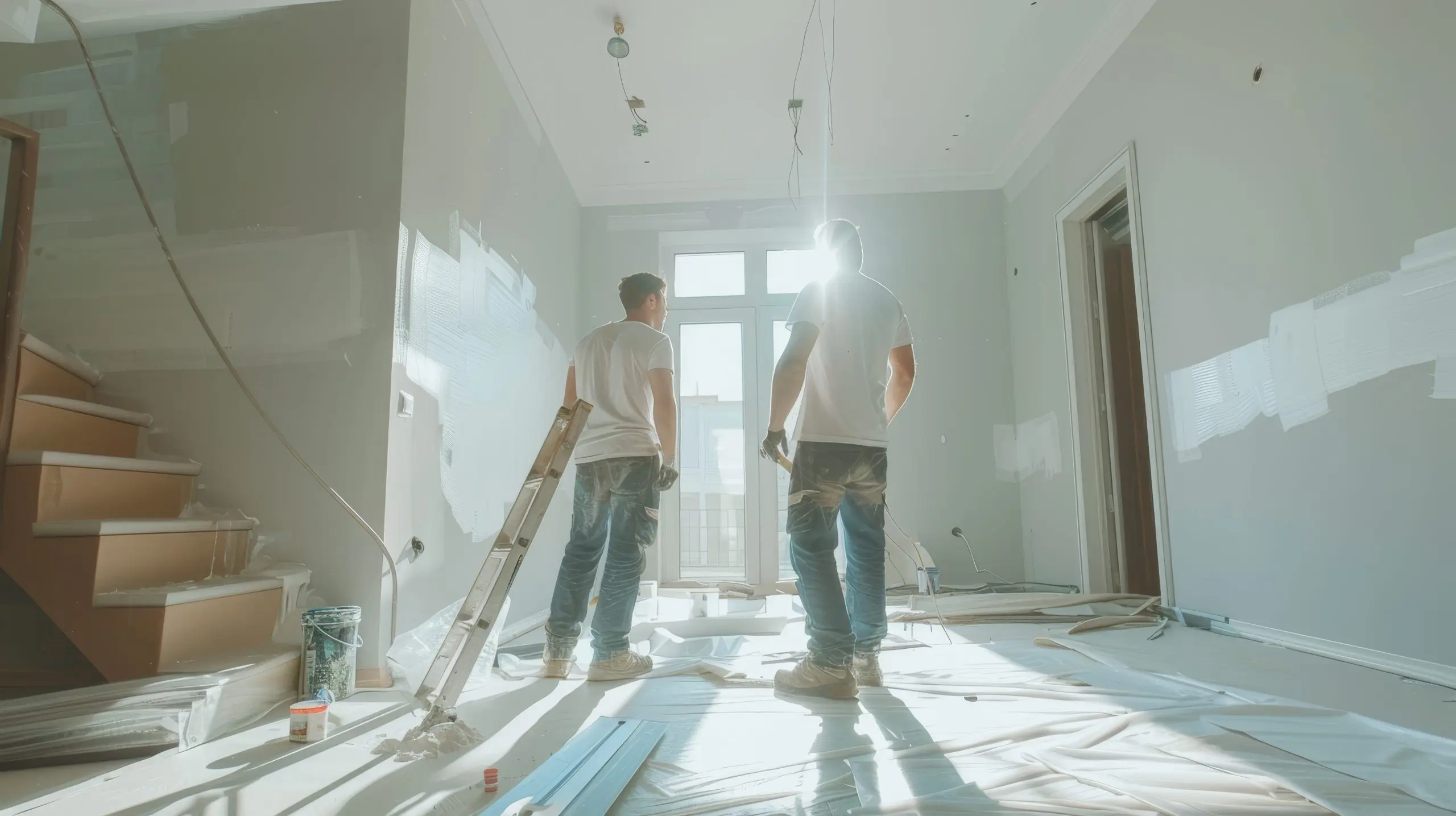 Professional workers painting modern living room walls during home renovation service - Search Strategy Marketing local SEO for home service businesses
