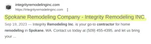 Screenshot 2024-05-03 94438 AM | Search Strategy Marketing a search engine result highlighting the title tag of "Spokane remodeling company | Integrity Remodeling INC" to show how to properly label title tags on a blog post about marketing home remodeling companies