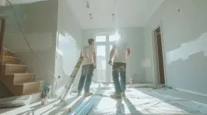 Professional workers painting modern living room walls during home renovation service - Search Strategy Marketing - Search Strategy Marketing local SEO for home service businesses