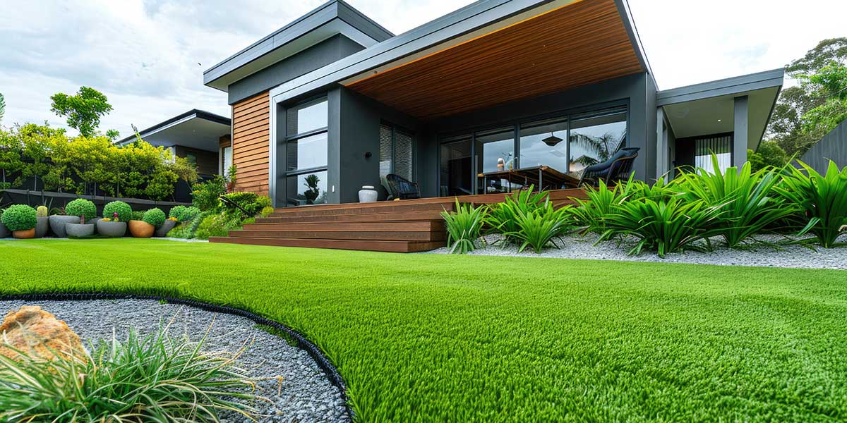 Modern house with a wooden deck extending to an outdoor seating area, surrounded by lush green lawn and tropical plants.