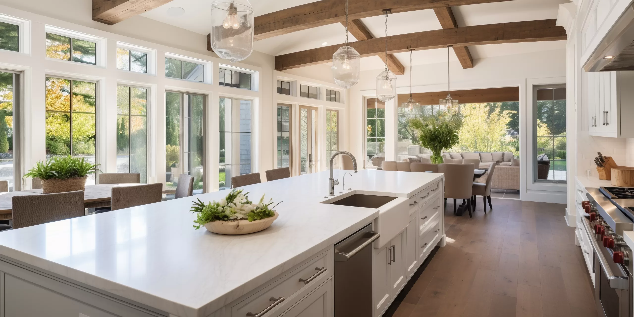 Kitchen interior in beautiful new luxury home with kitchen island and wooden floor bright modern minimal style with copy space | Search Strategy Marketing home remodeling marketing