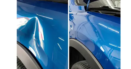 before and after picture of quarter panel body repair on a blue vehicle 