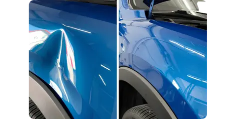 Dacus Autobody - Before and After (1) before and after picture of quarter panel body repair on a blue vehicle