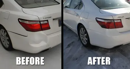 Before and after picture of bumper repair of a white Lexus
