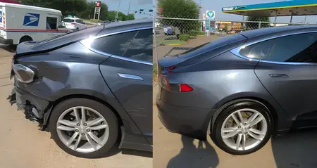 Before and after pictue of  a fender body repair on a gray Buick