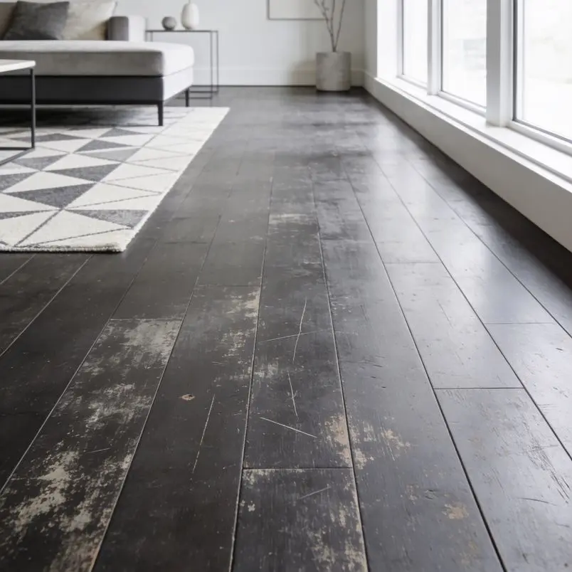close up of dull, faded, scratched wood flooring in a modern residential living room