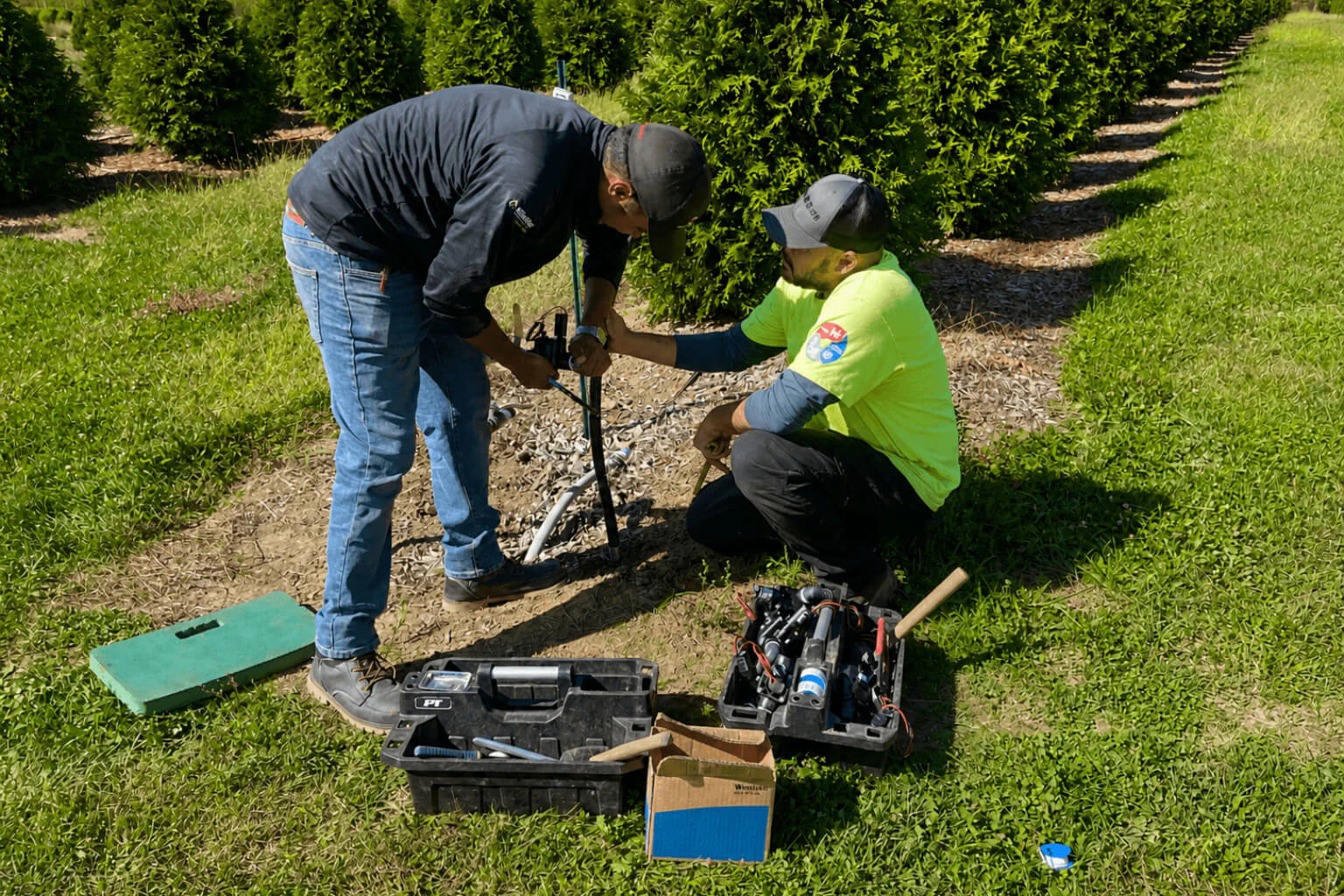 Worker adjusting irrigation system to water plants efficiently