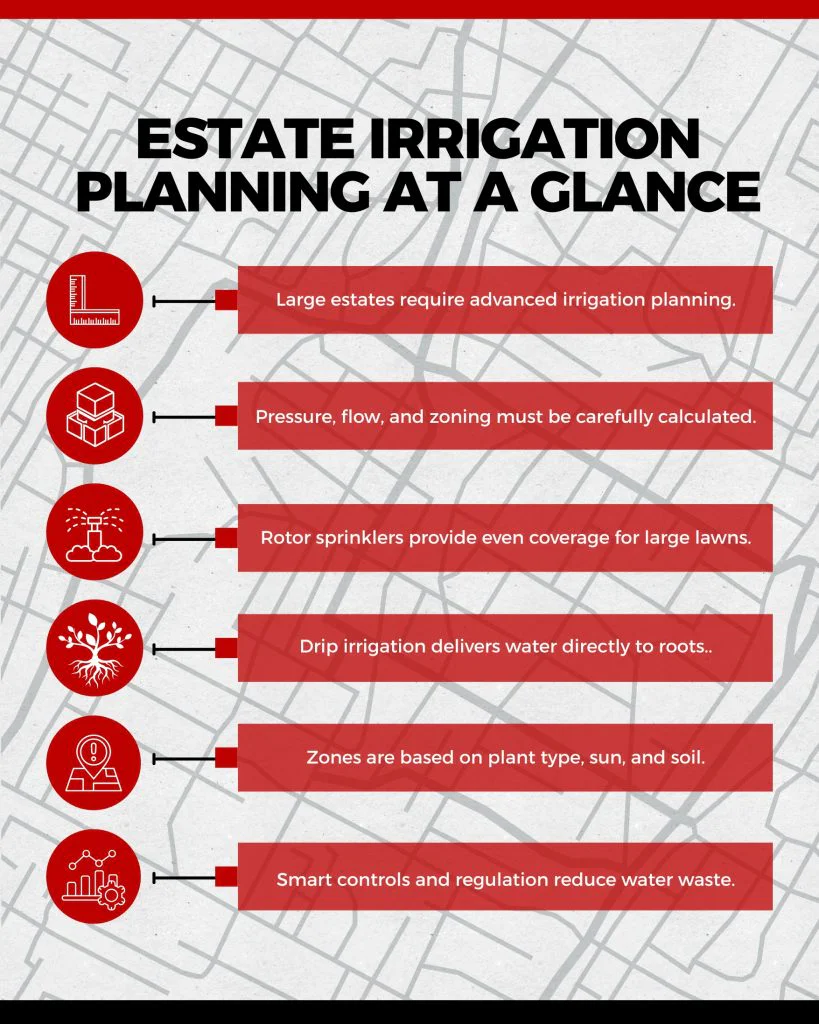 Estate irrigation planning infographic showing how a lawn sprinkler system contractor designs zoning, pressure, rotors, and drip irrigation for large properties