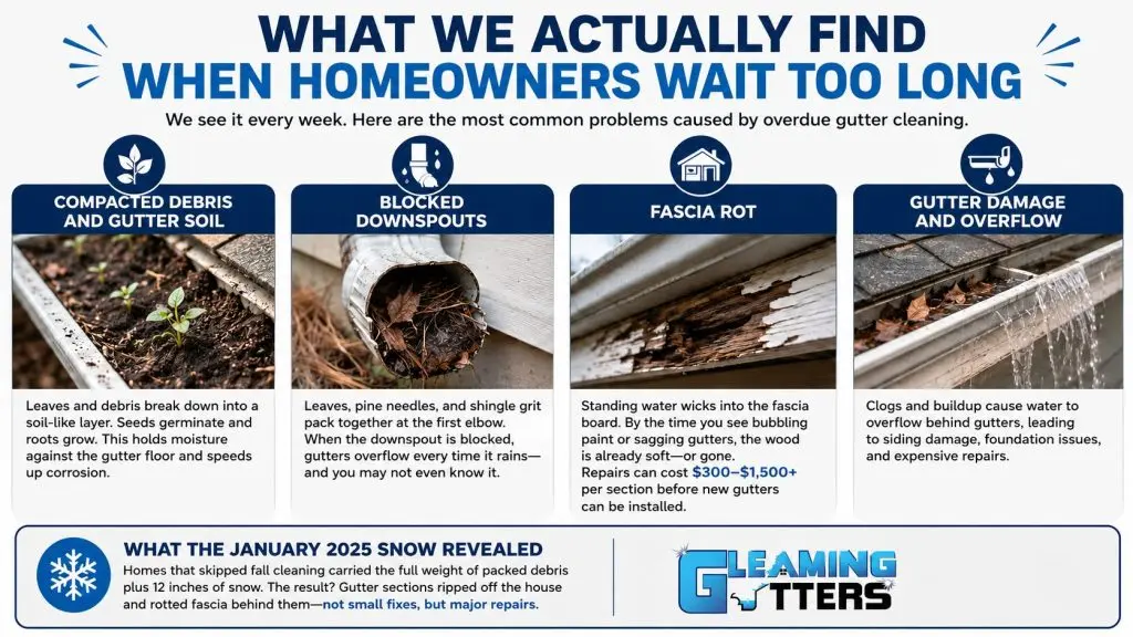 Infographic showing compacted gutter debris, blocked downspouts, fascia rot, overflow damage, and snow-related gutter problems