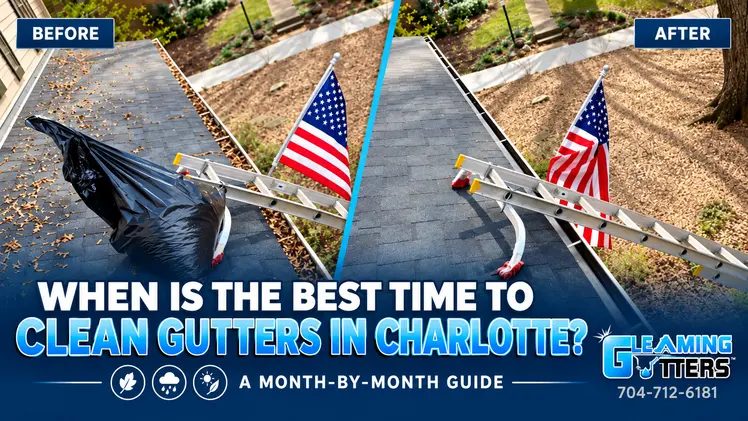 Before and after gutter cleaning showing the best time to clean gutters in Charlotte, NC throughout the year.