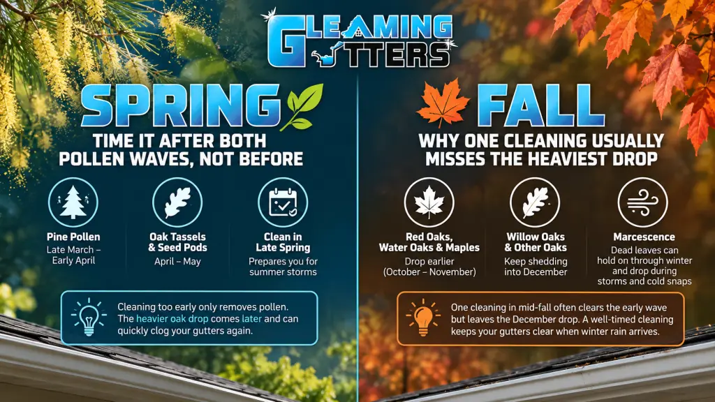 Spring and fall gutter cleaning timing in Charlotte showing pine pollen, oak tassels, seed pods, early leaf drop, late-dropping oaks, and marcescence.