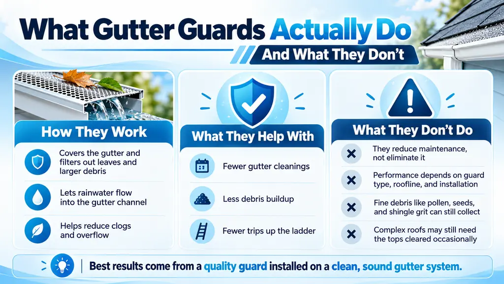 Infographic explaining how gutter guards block leaves and debris, improve rainwater flow, reduce gutter cleaning, and why occasional maintenance is still needed.