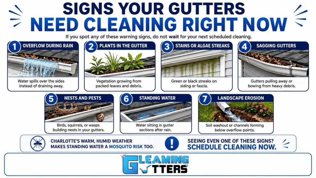 Infographic showing gutter overflow, vegetation, algae stains, sagging, pests, standing water, and landscape erosion