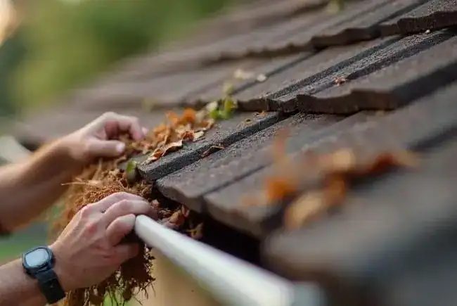 man cleaning clogged gutters