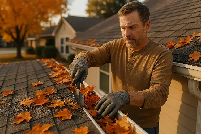 man cleaning gutters to make sure they are working correctly