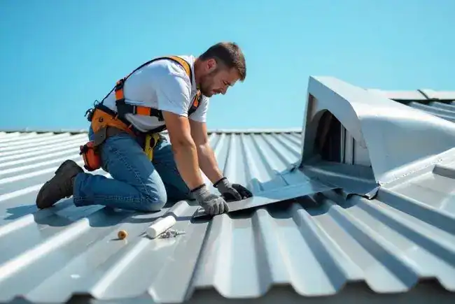 roofer repairing a metal roof