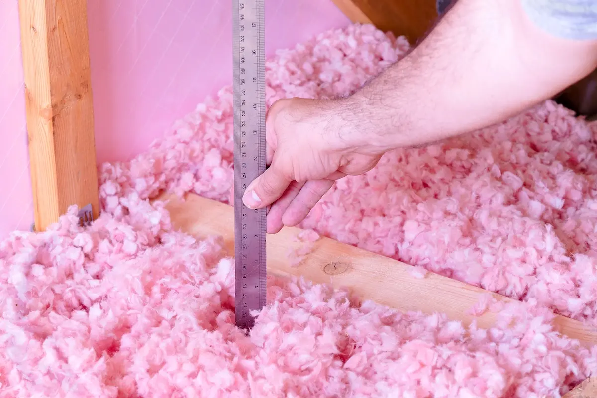 Checking the energy efficiency of their house by measuring the thickness of fiberglass insulation in the attic