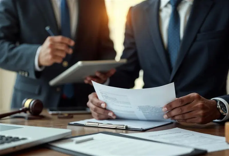 two business professionals collaborate on paperwork at a desk, focused on their tasks in a professional setting