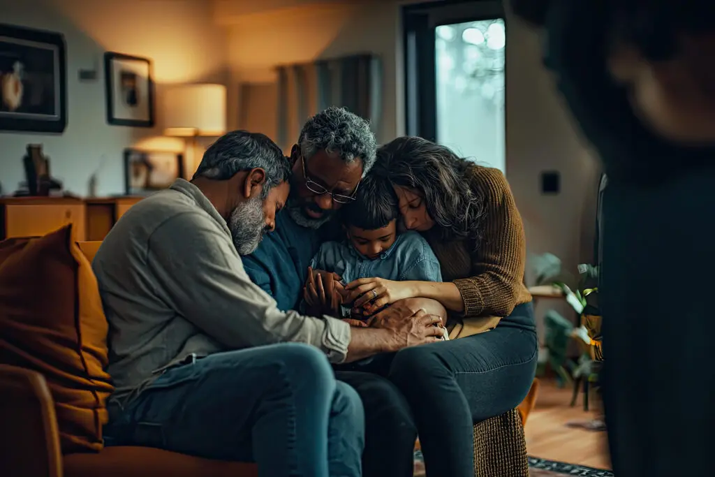 a family of four sitting together on a couch in a cozy living room, smiling and enjoying each other's company