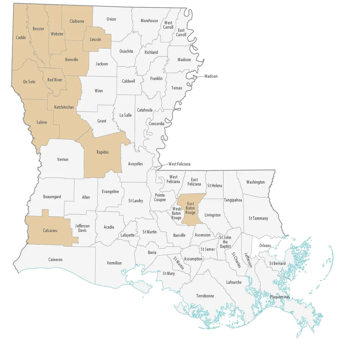 map of Louisiana highlighting its counties with labeled boundaries and geographical features