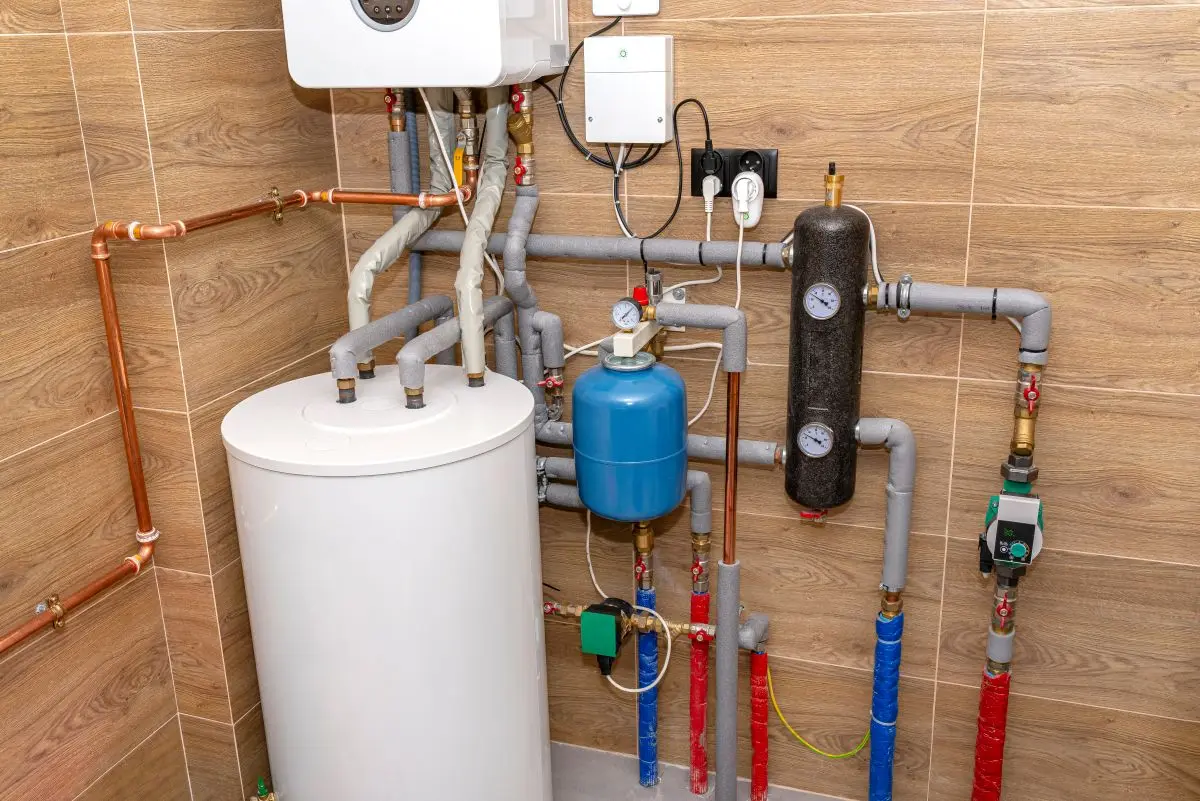 A modern gas boiler for natural gas, installed in a boiler room lined with ceramic tiles, 120 liter hot water tank visible