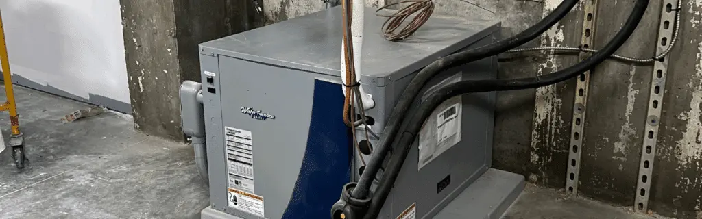 A geothermal heating system properly connected to a commercial or residential property