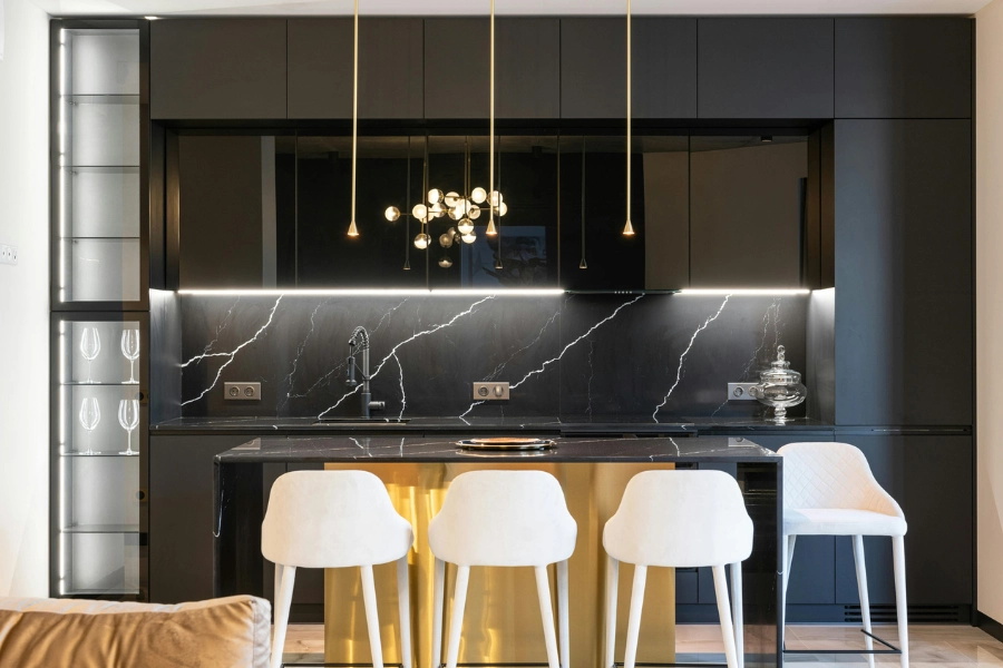 A black kitchen cabinet set.