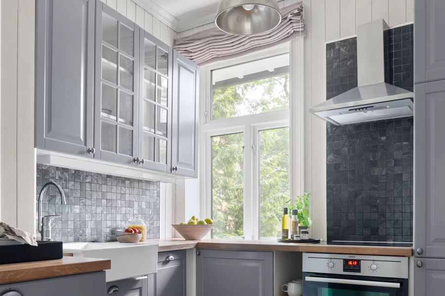 bright modern kitchen with fabric cotton blinds