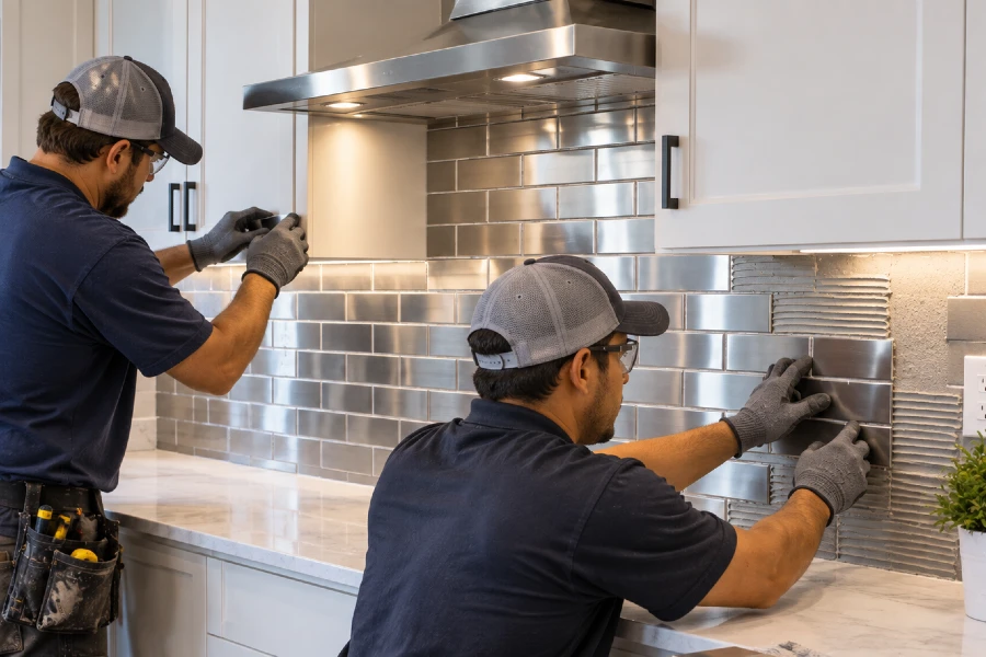 craftsmen installing metallic kitchen backsplash