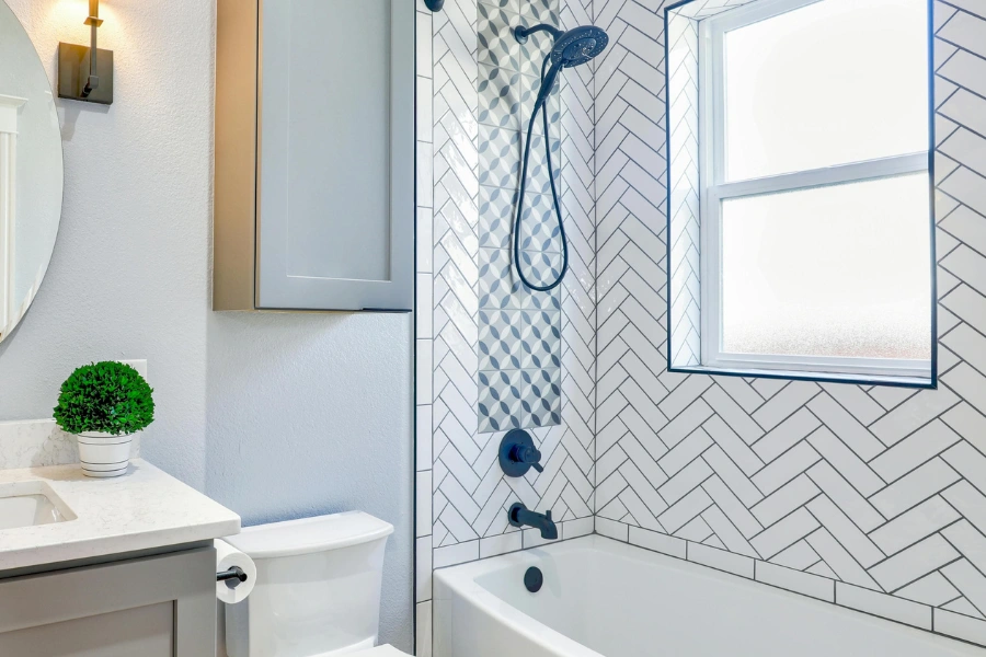 Subway tile herringbone pattern.
