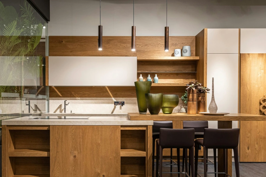 Kitchen island with cabinets for storage.