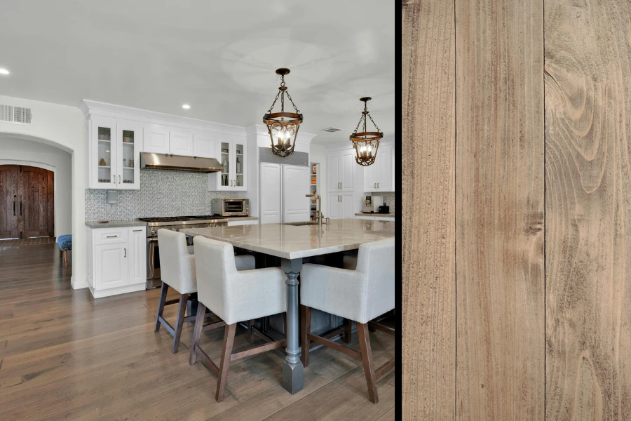 Kitchen with wooden Chesapeake vinyl floors.