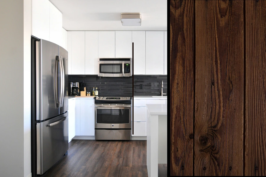 Kitchen with Chesapeake dark hardwood floors.