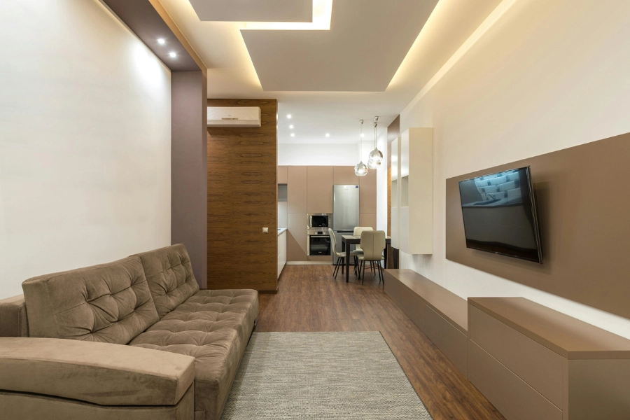 A living space with wood floors.