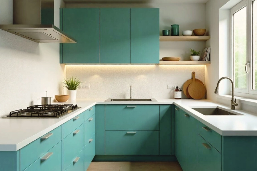 teal cabinets with white quartz countertops and a textured white backsplash