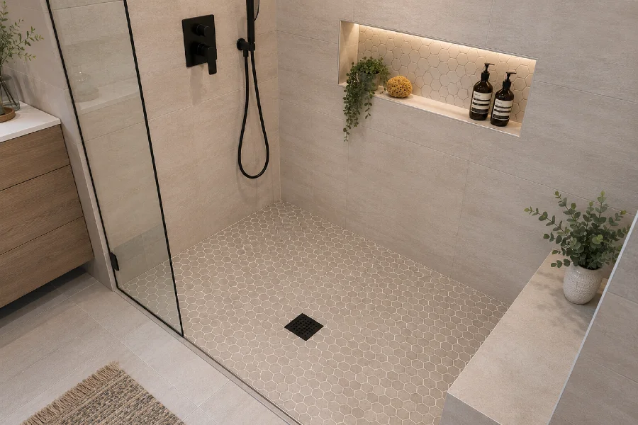 minimalist neutral toned modern shower interior