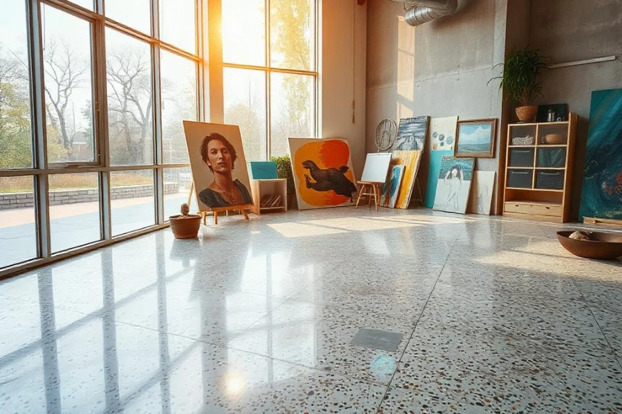 A vibrant art studio with a terrazzo floor mixed with concrete.