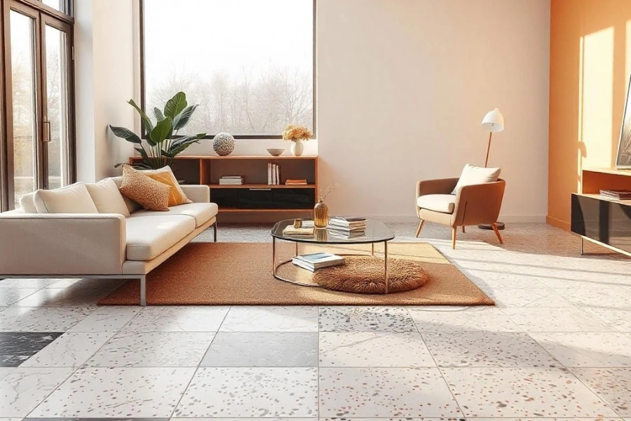 A view of terazzo tiles covering a modern living room floor.