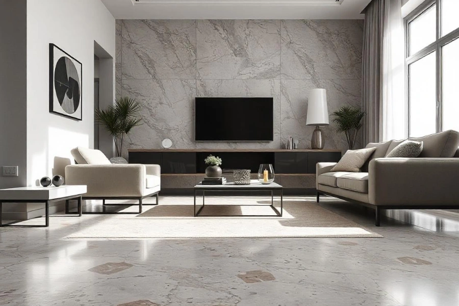 A modern living room floor utilizing a blend of terrazzo and natural stones.