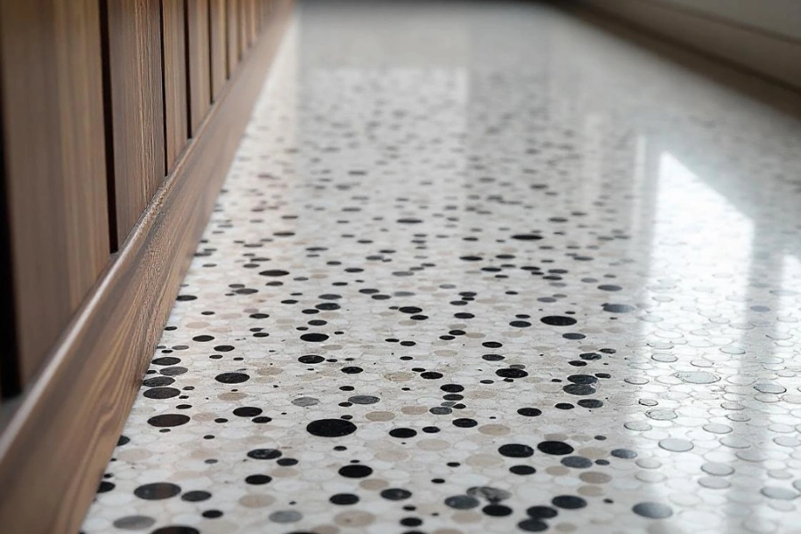 A close-up view where polished wood seamlessly transitions into a vibrant terrazzo tile floor.