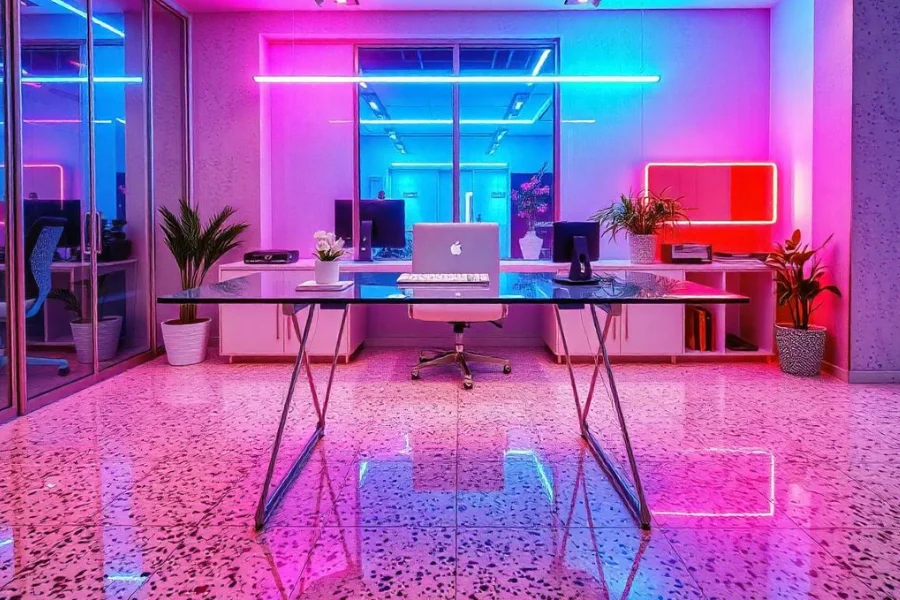 A contemporary office space with a mixing glass desk sitting on a terrazzo tile floor.