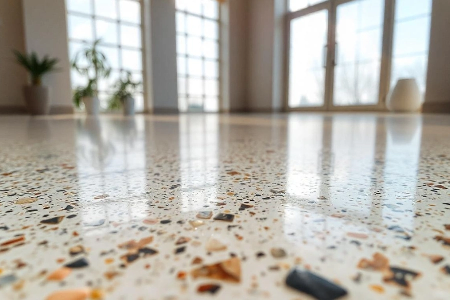 A close-up view of a terrazzo floor showcasing its resilient surface.