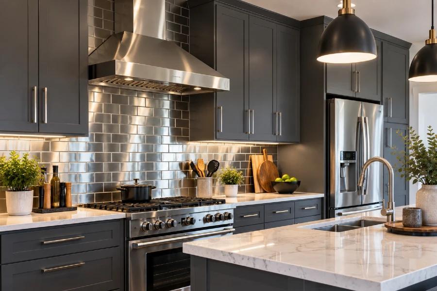 modern charcoal kitchen with marble island