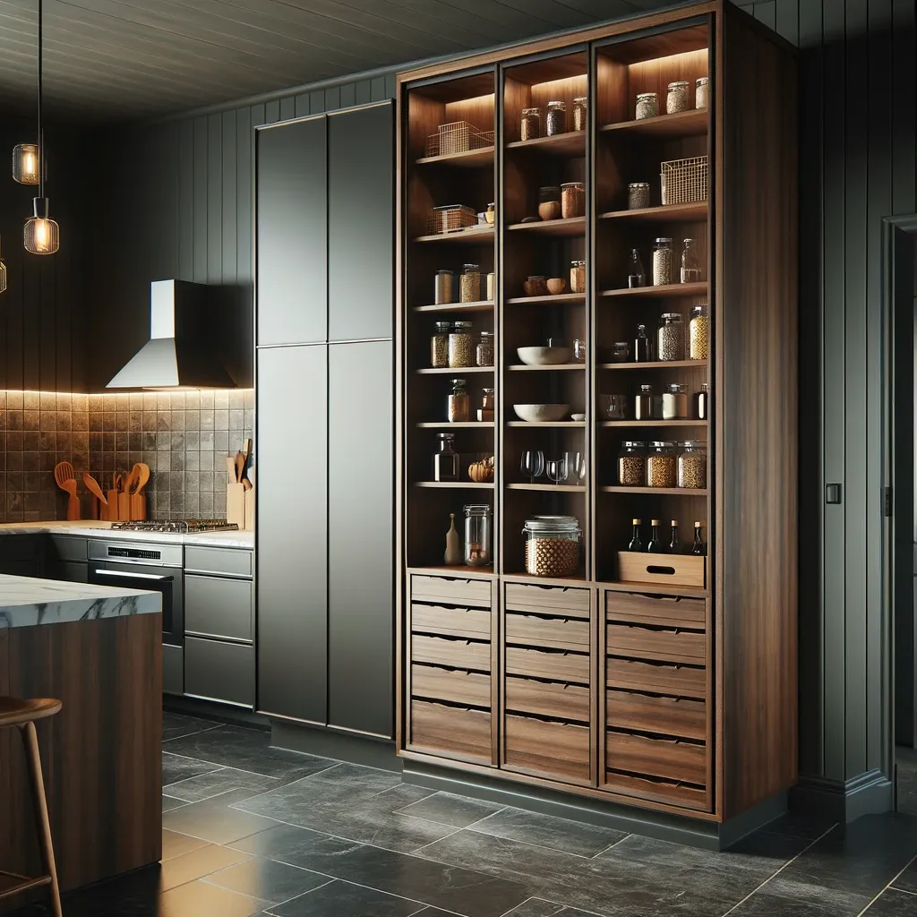 Modern Glass and Black Wood Freestanding Pantry