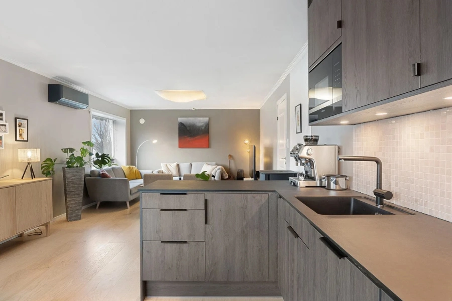 A kitchen with sufficient counter space and storage.